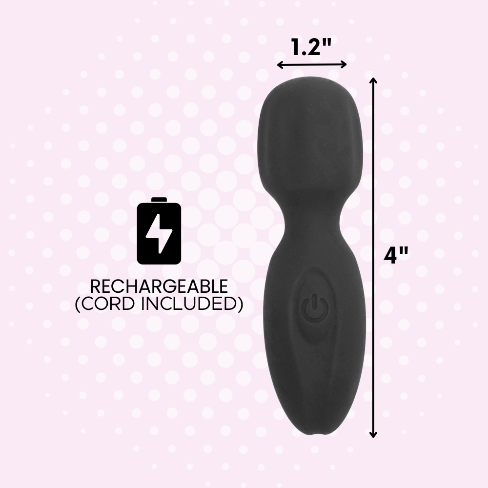 Black wand massager with rechargeable indicator and measurements on a pink polka dot background