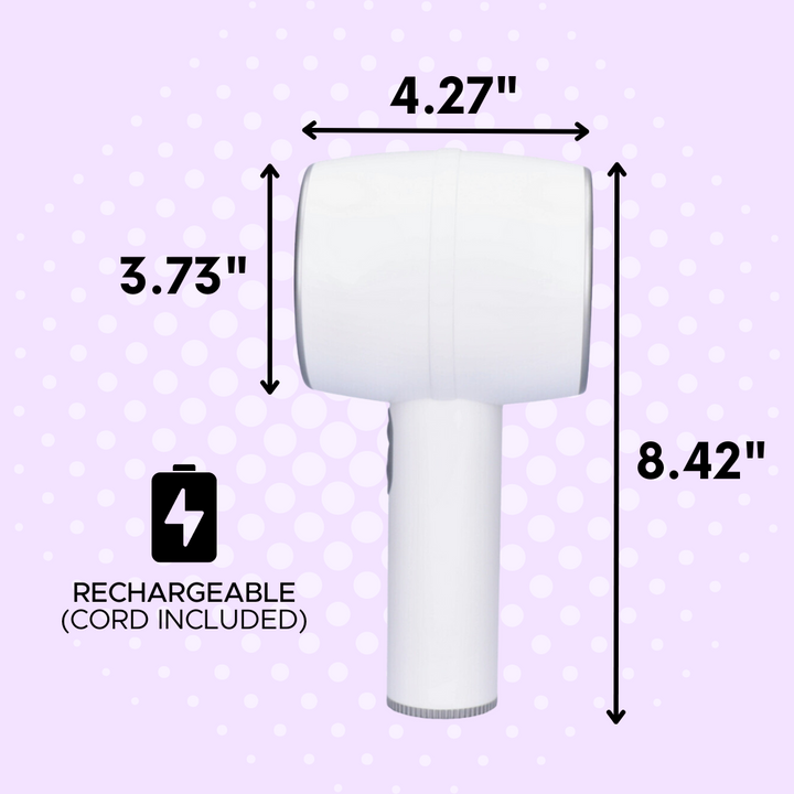 Side view of the thrusting masturbator with the dimensions. It is 8.42" long and 4.27" deep. The opening to the stroker is 3.73" wide.
