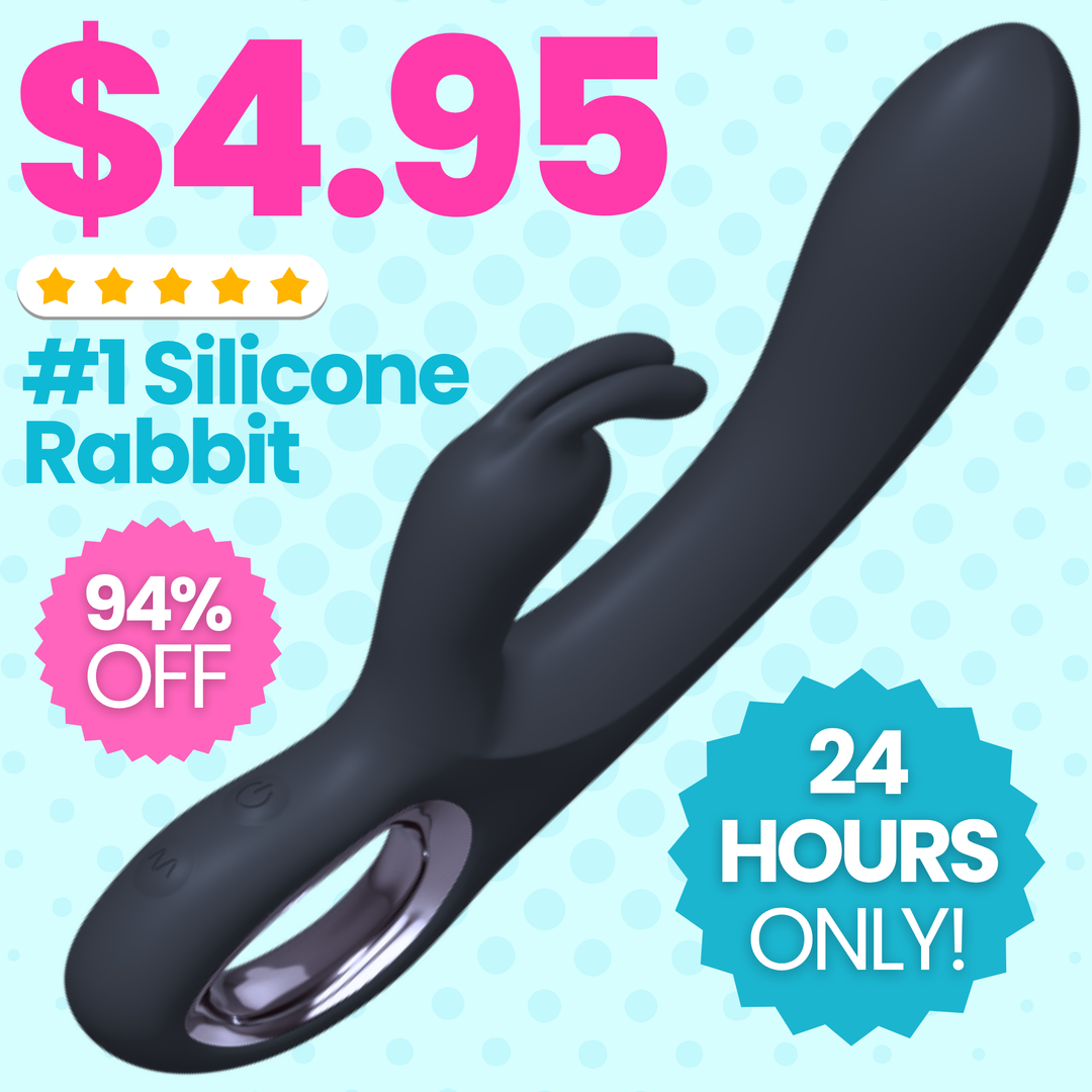 Black silicone rabbit-shaped product with promotional text on a light blue background. $4.95 for 24 hours