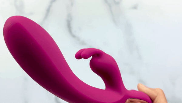 GIF angled side view of Rose Rabbit Silicone Vibrator with fluttering ears 