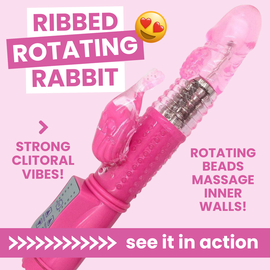 pink ribbed rotating rabbit strong clitoral vibes! rotating beads massage inner walls! see it in action >>>>> 
