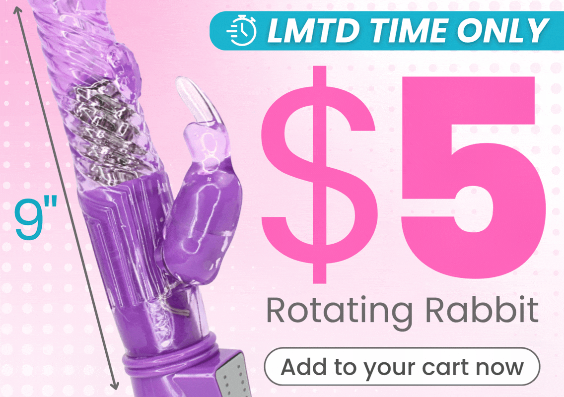 GIF of purple rotating rabbit on a pink and white ombre background. Lmtd time only - $5 rotating rabbit - add to your cart now.