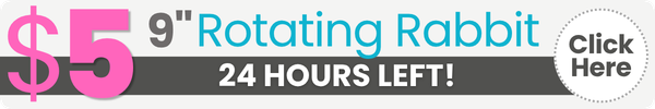 Promotional banner for a $5 9-inch rotating rabbit toy, featuring a pink and blue graphic with a 'Click Here' button on a white background.