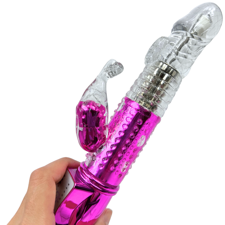 Image of side of pink & clear rotating textured rabbit