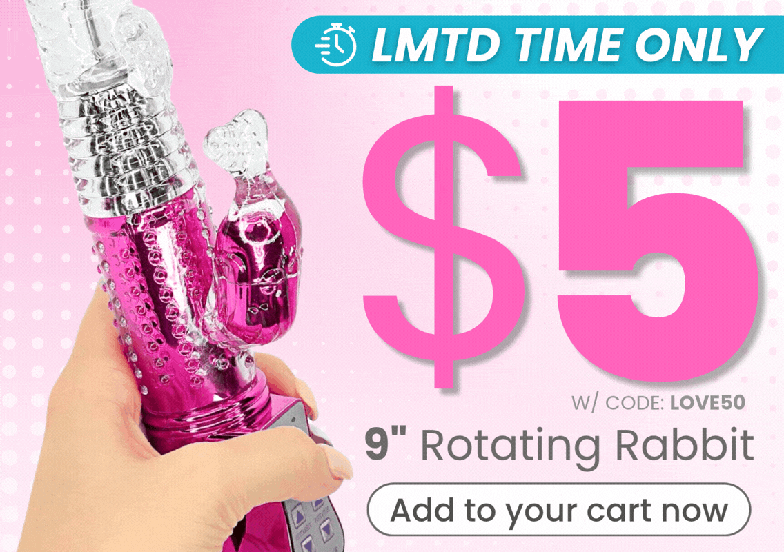 $5 9-inch pink and clear rotating rabbit - with promotional text including '$5 Rotating Rabbit' and 'LMTD TIME ONLY! flashing