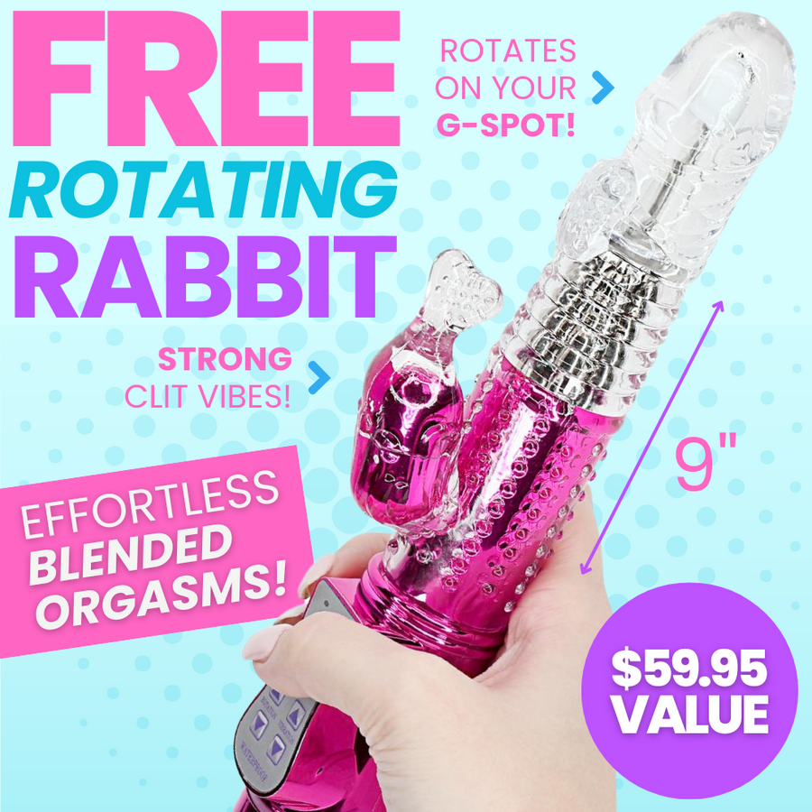 FREE Pink rotating rabbit shaped toy with text on a blue background