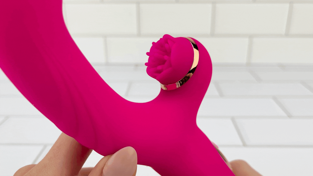 GIF of Fingering Clit Tickling Dual Action Vibrator close up of clitoral tickler nubbies pulsating from intense vibrations 