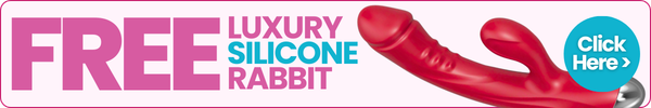 Promotional banner for a free luxury silicone rabbit product with a red toy and 'Click Here' button.