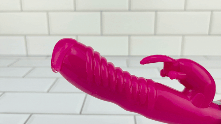 GIF of Rippled Rabbit Vibrator with lube vibrating on tip 