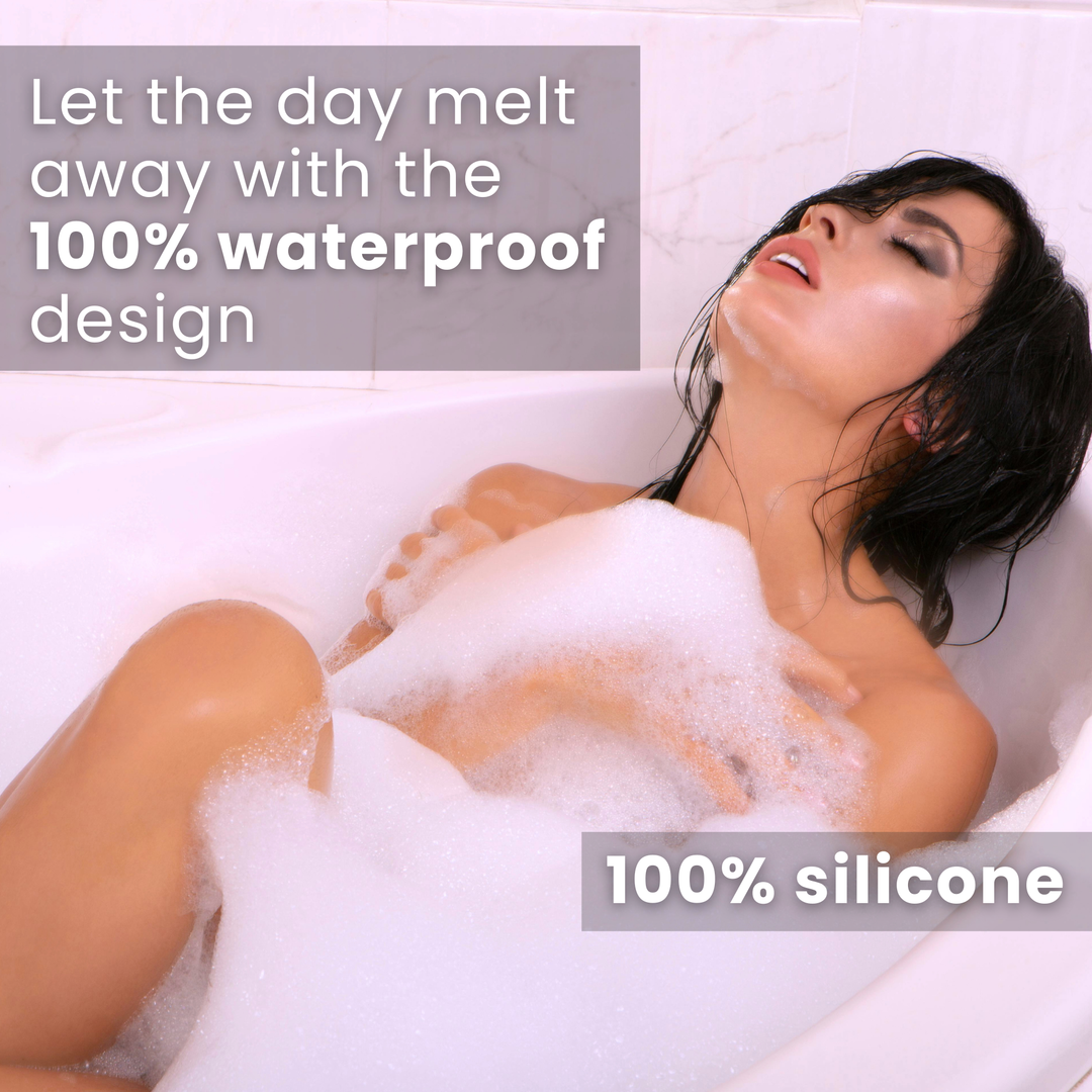 Image of a woman in a bubble bath with text overlay that reads "Let the day melt away with the 100% waterproof design"