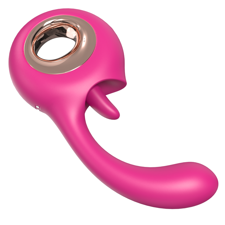 Side view of Pink dual action G spot and clit licking vibrator