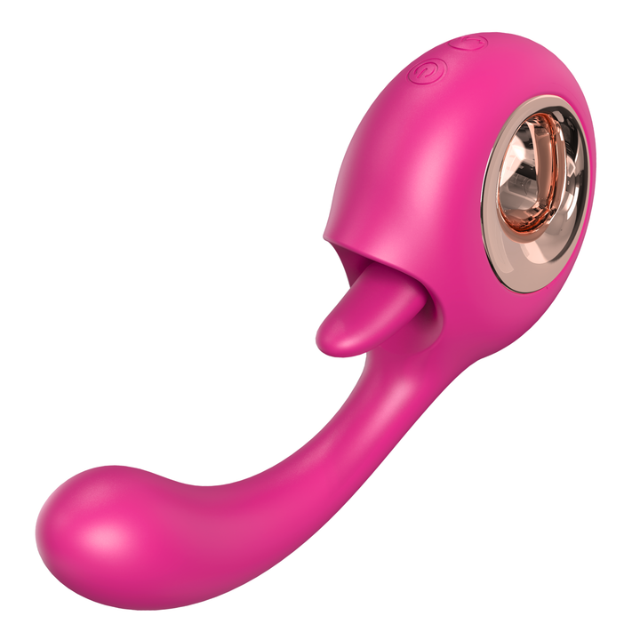 Front view of Pink dual action G spot and clit licking vibrator