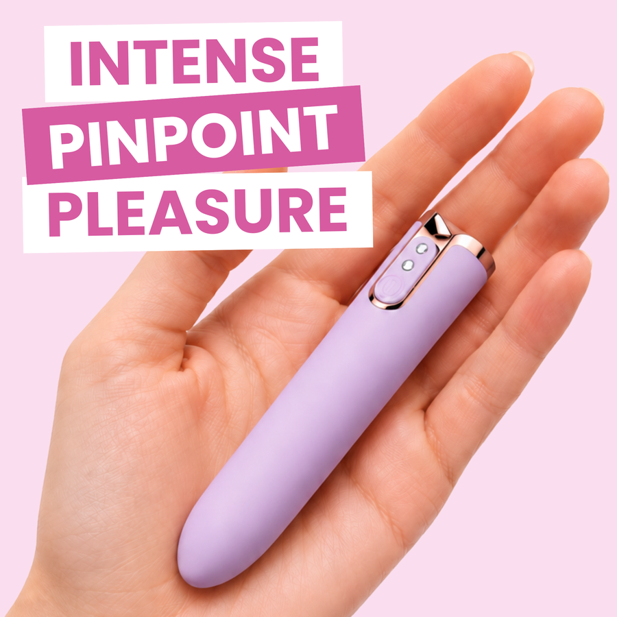 Intense pinpoint pleasure - a lavender silicone bullet in the palm of a hand against a light pink background