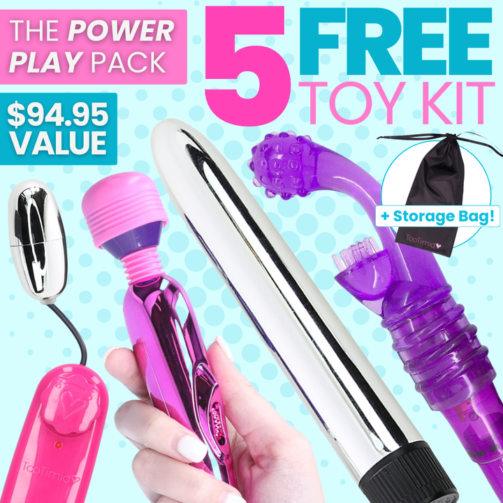 Promotional image of a 'Power Play Pack' with various toys and a storage bag on a blue polka dot background.