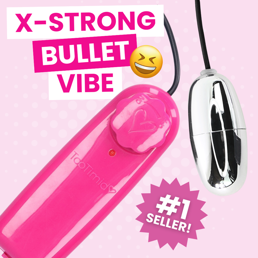 A bright pink and silver bullet vibrator shown on a light pink background with promotional text reading 'X-STRONG BULLET VIBE' and a '#1 SELLER!' badge.