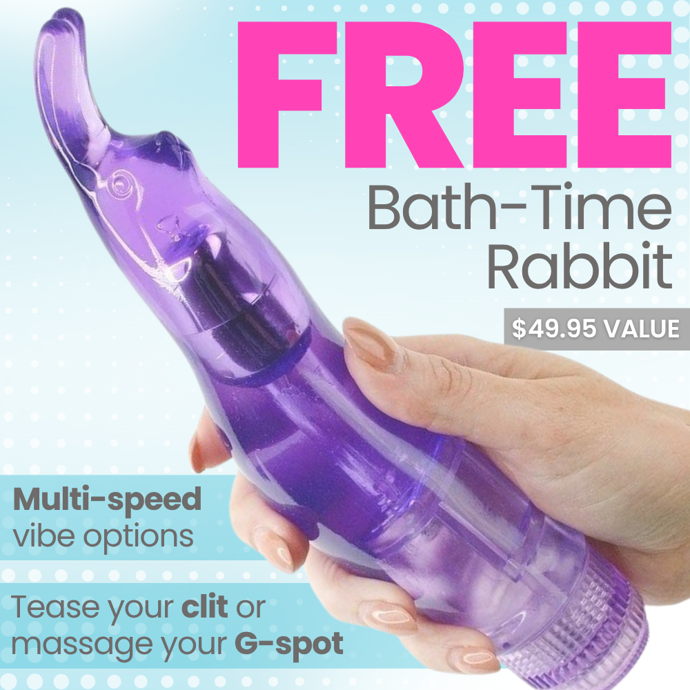 A hand holds a translucent purple bath-time rabbit massager against a light blue background with promotional text reading 'FREE Bath-Time Rabbit' and 'Multi-speed vibe options' and 'Tease your clit or massage your G-spot.'.