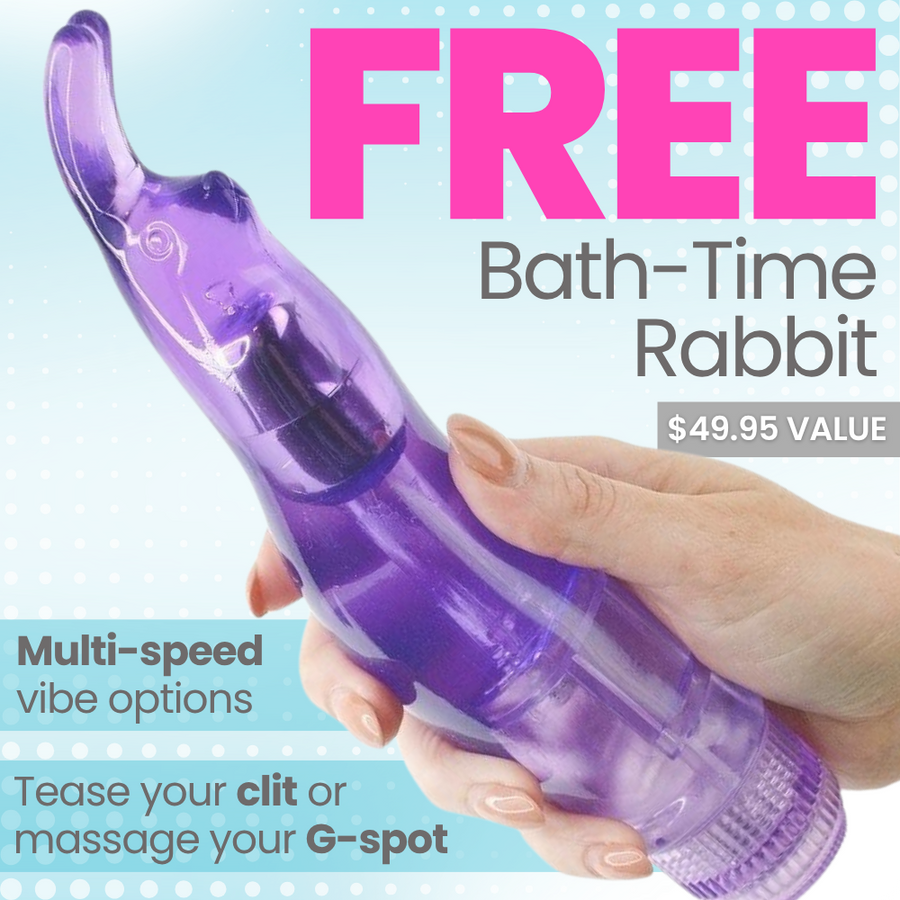 A hand holds a translucent purple bath-time rabbit massager against a light blue background with promotional text reading 'FREE Bath-Time Rabbit' and 'Multi-speed vibe options' and 'Tease your clit or massage your G-spot.'.