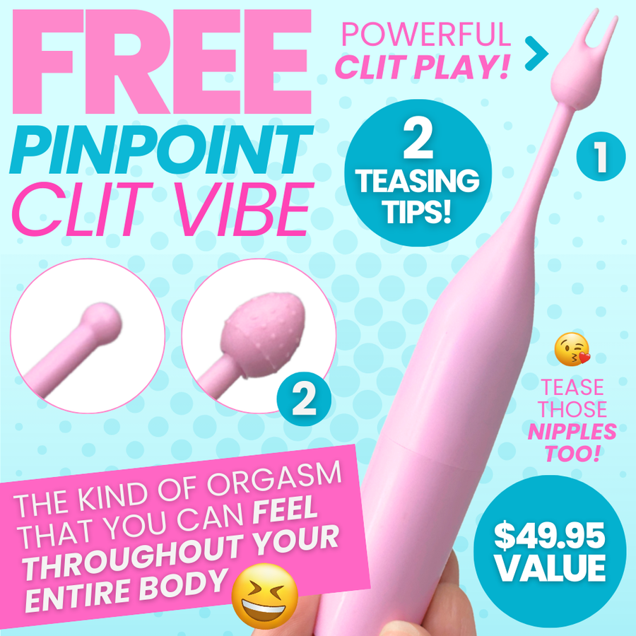 Pink clitoral stimulator with attachments on a blue and pink background