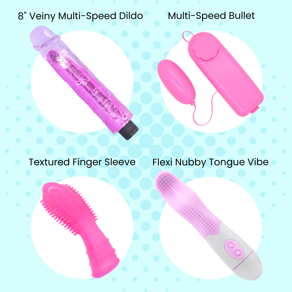 8 inch Veiny Multi-Speed Dildo, Multi-Speed Bullet, Textured Finger Sleeve, Flexi Nubby Tongue Vibe