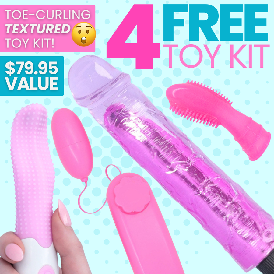 Free pink textured 4 toy set with text on a blue polka dot background. 79.95 value