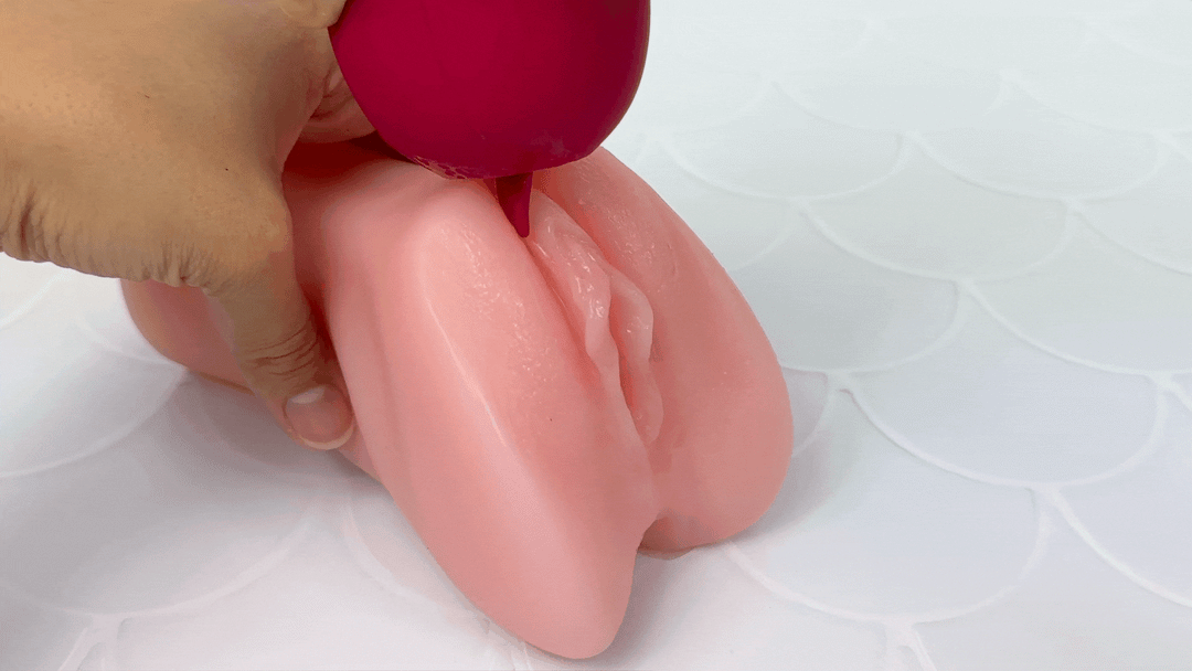 GIF of tongue-end fluttering on a model of a clitoris