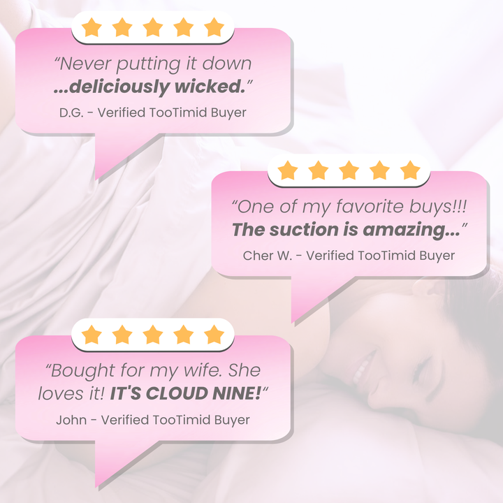 Pink background with customer reviews in speech bubbles on a pink background. The proof is in the pleasure...