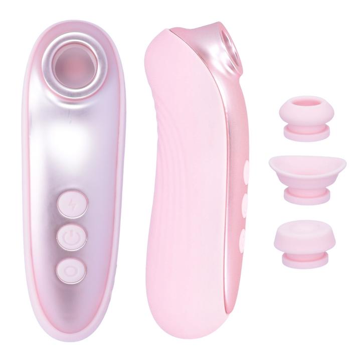 pink metallic air pulse toy front and back with view of three attachments 
