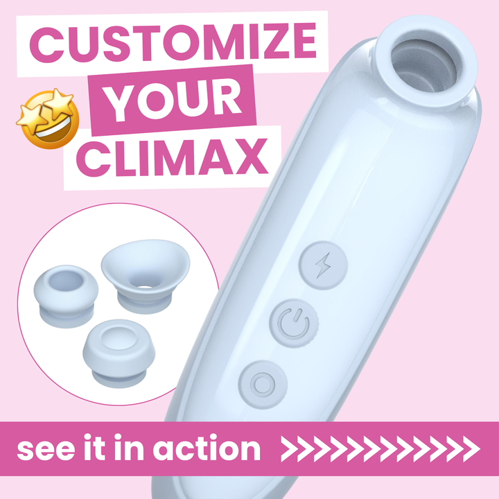Customize your climax - see it in action - white air pulse toy with 3 attachments