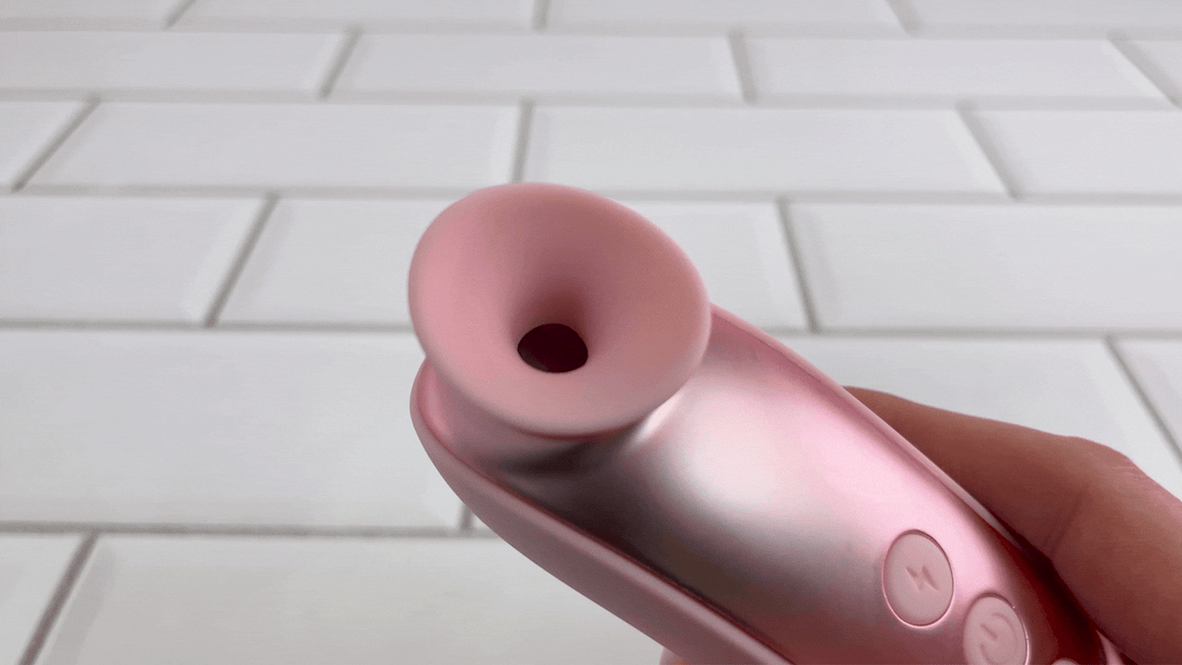GIF of pink air pulse toy large funnel attachment being used 