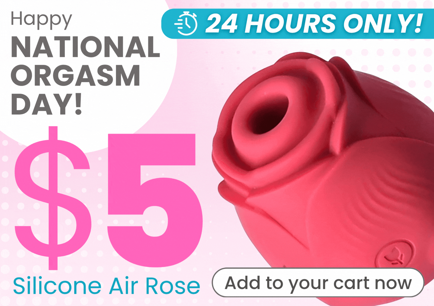 Promotional graphic for a pink silicone air rose vibrator, featuring large text reading 'Happy National Orgasm Day!', '$5', '24 HOURS ONLY!', and 'Add to your cart now' on a light pink background.