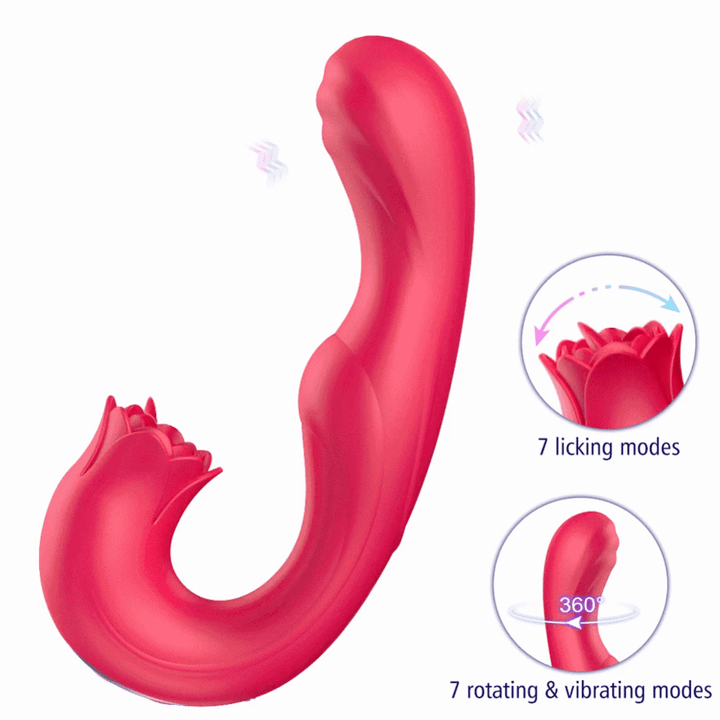 Twirling Tongue Tease Silicone Rotating G-Spot Vibe & Clit Licking Rose functions in full motion 