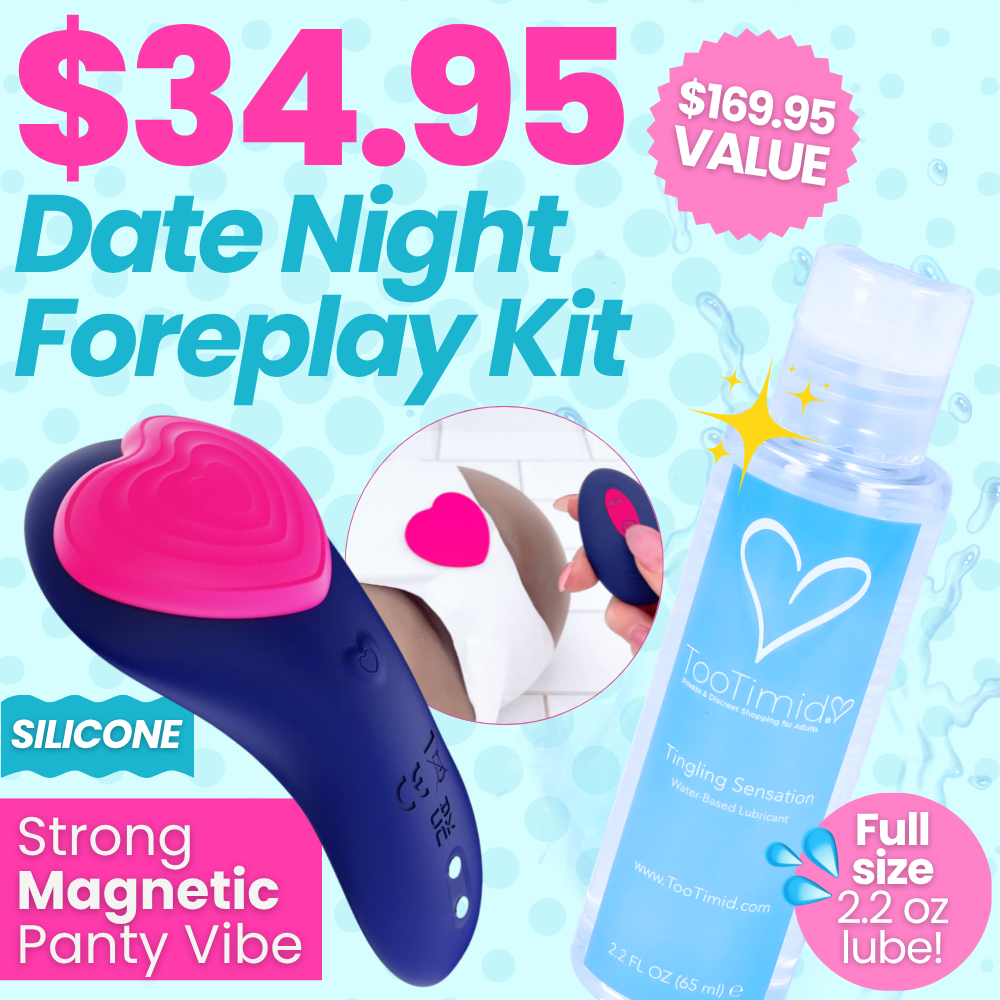 Promotional image of a 'Date Night Foreplay Kit' with a silicone panty vibe and lubricant.