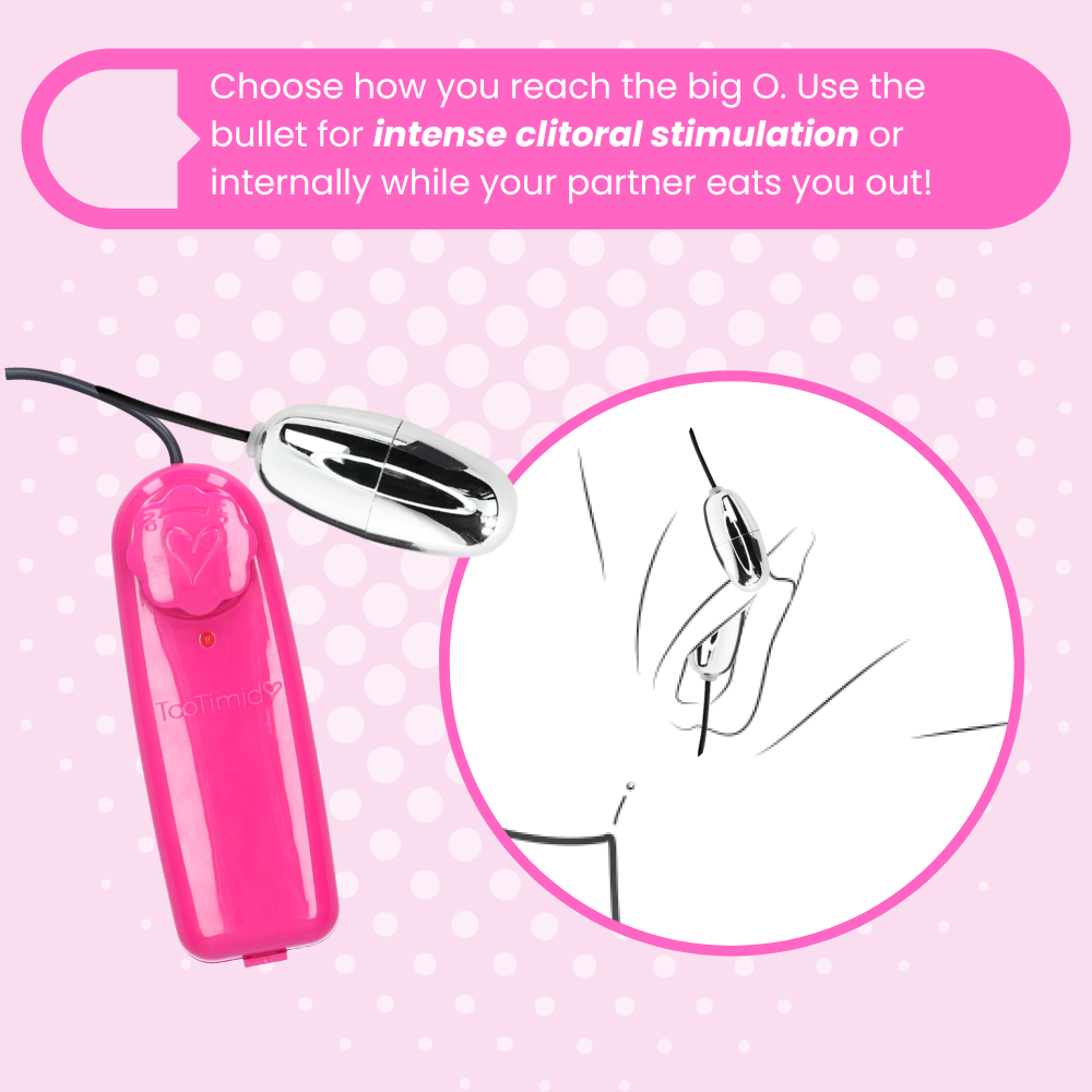 Pink and silver device with text on a pink polka dot background. Choose how you reach the big O. Use the bullet for intense clitoral stimulation or internally while your partner eats you out!