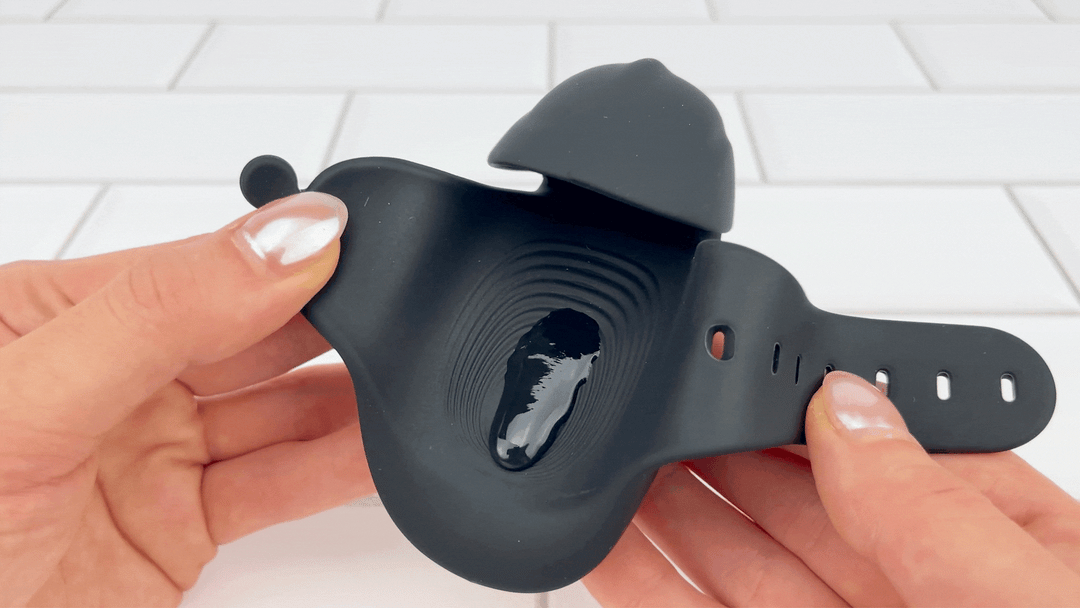 GIF of lube vibrating on lower speed onWearable Hands-Free Vibrating Masturbator pad 