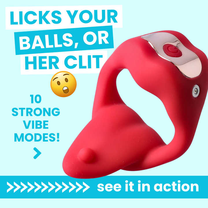 LICKS YOUR BALLS OR HER CLIT 10 STRONG VIBE SETTING SEE IT IN ACTION. c-ring with tongue for couples 