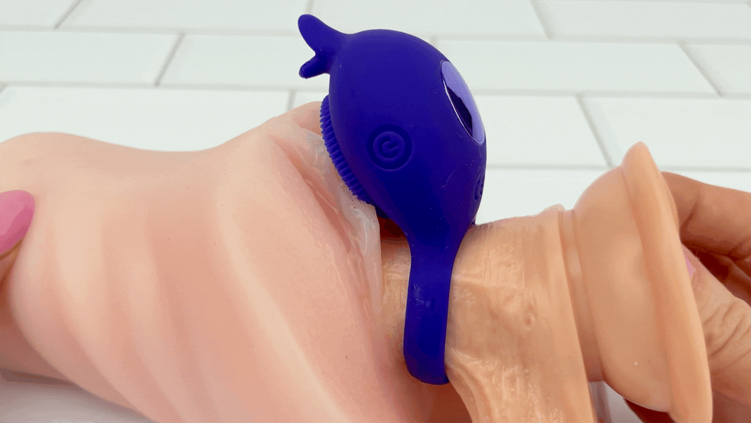 GIF of Silicone Clit Stimulating Vibrating Cock Ring For Couples on dildo vibrating against clit from sex doll 