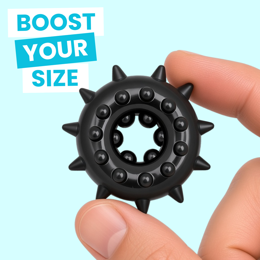 A black textured cock ring being held between fingers against a light blue background, with text in the upper left reading 'BOOST YOUR SIZE'.