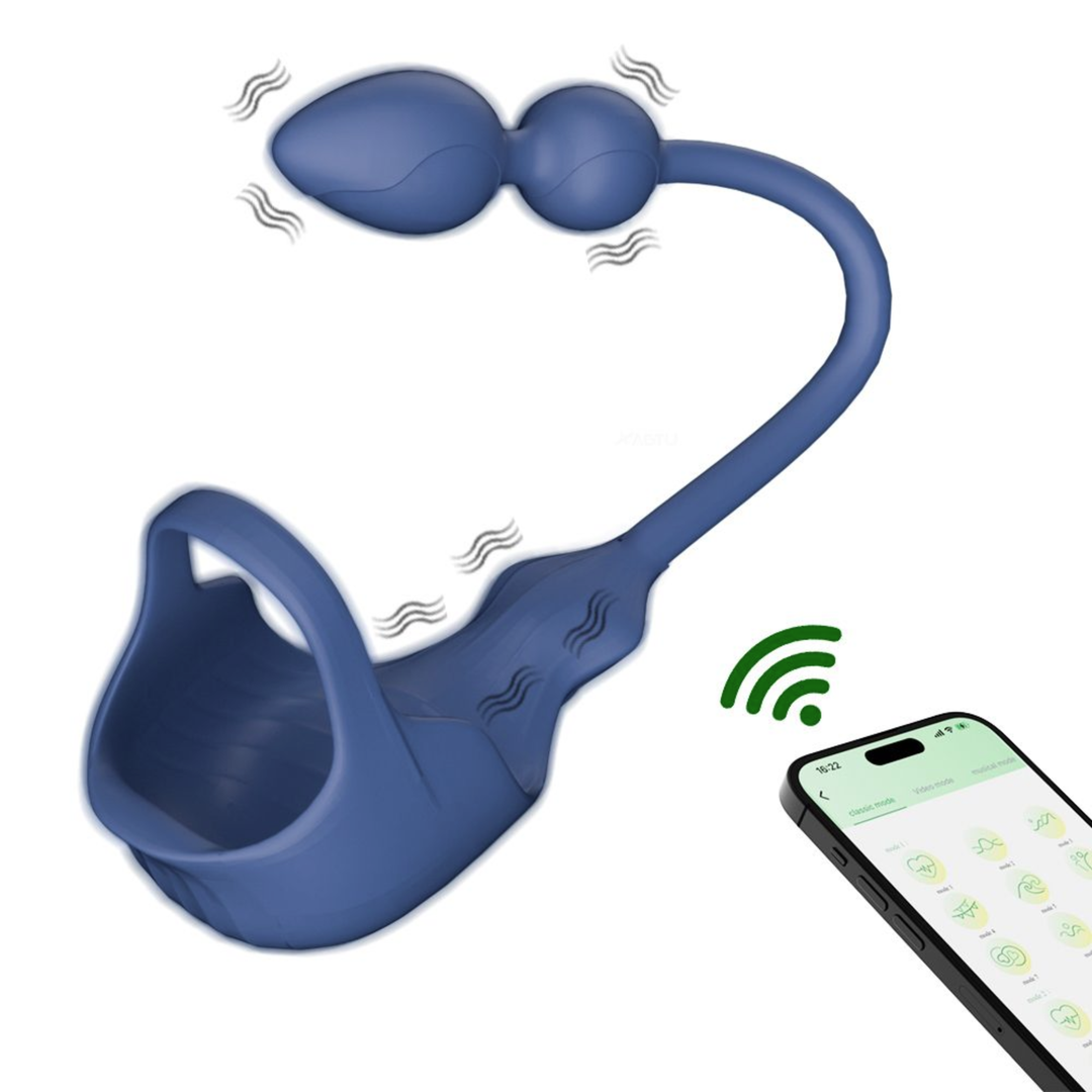 Cock Ring with Ball Cage and Anal Plug as seen next to app on phone 