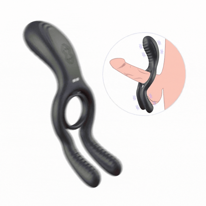 GIF of Cock ring with Clit and Ball Vibrator in motion with diagram of how its used 