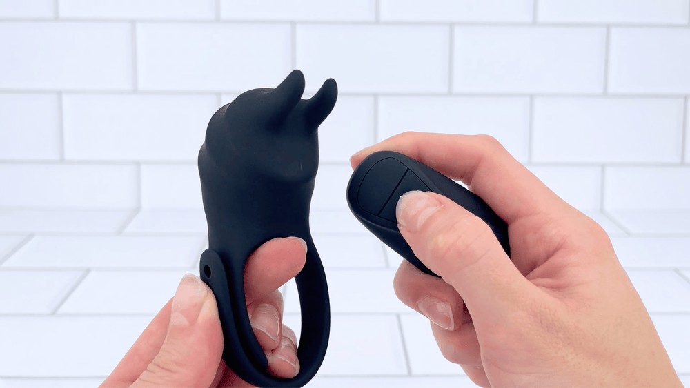 Adjustable Vibrating Couple's Cock Ring being turned on via remote control 