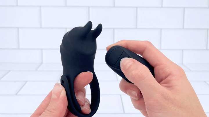 Adjustable Vibrating Couple's Cock Ring being turned on via remote control 