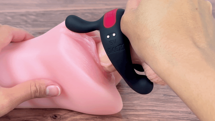 GIF of cock ring on a model of a penis inserted in a model of a vagina
