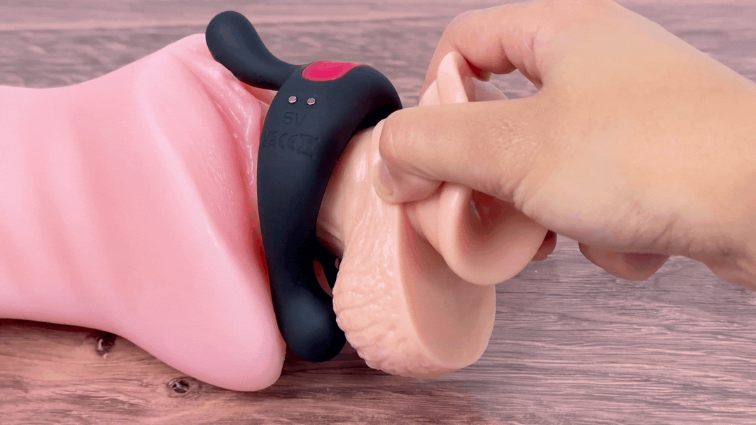 GIF of cock ring on a model of a penis inserted in a model of a vagina