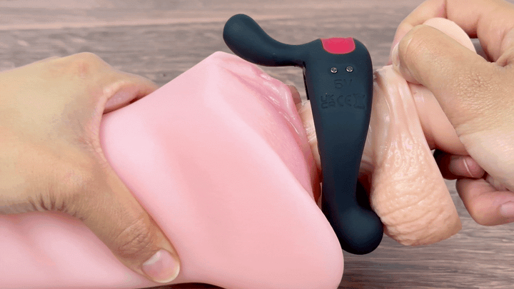 GIF of cock ring on a model of a penis inserted in a model of a vagina