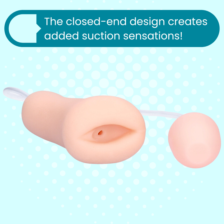 Product with a closed-end design on a light blue background with text about suction sensations.