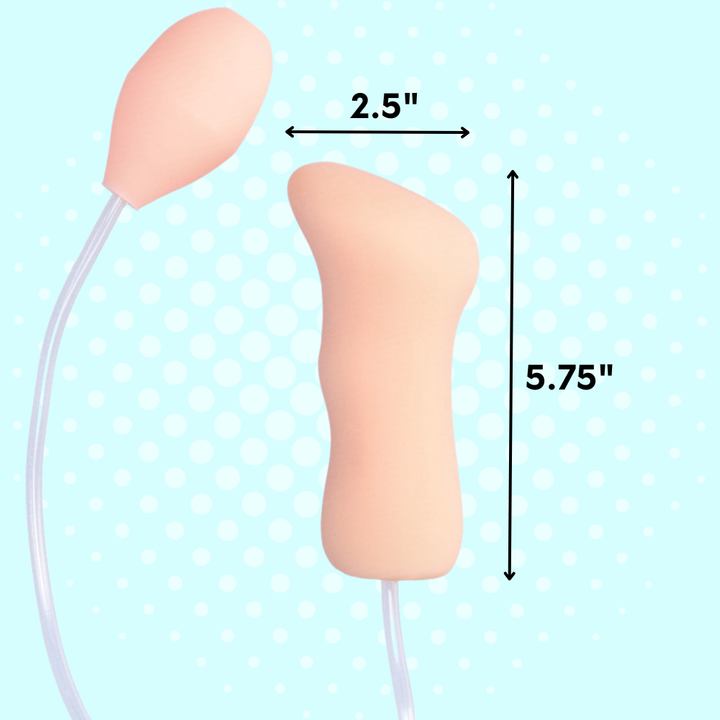 Measurement chart of a product with dimensions labeled on a polka dot background