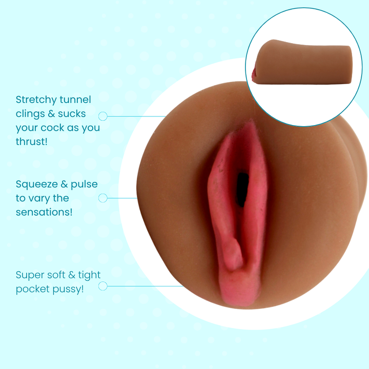 Pocket pussy with text describing features on a light blue background