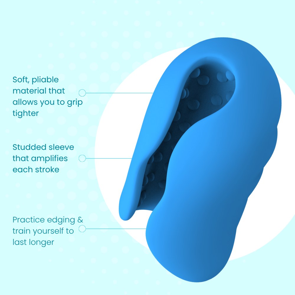 Blue silicone sleeve with text on a light blue background