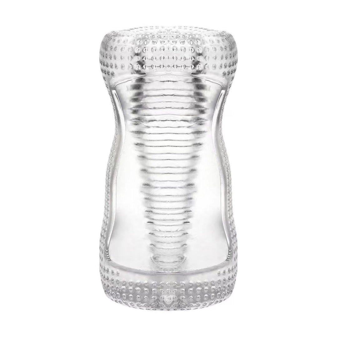 Super Stretchy Clear Ribbed Male Masturbator standing upright showing the clear sleeve and the ribbed interior of the chamber.