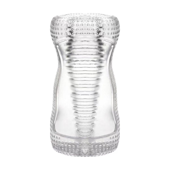 Super Stretchy Clear Ribbed Male Masturbator standing upright showing the clear sleeve and the ribbed interior of the chamber.